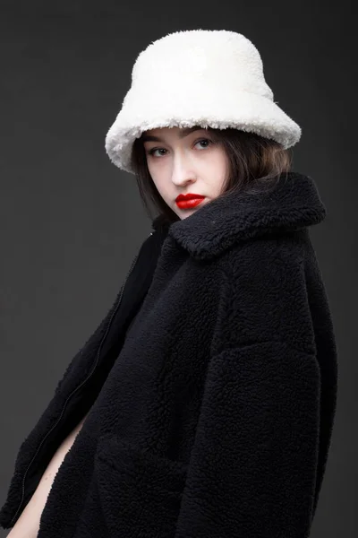 Beautiful Girl White Fur Hat Black Fur Coat Gray Background — Stock Photo, Image