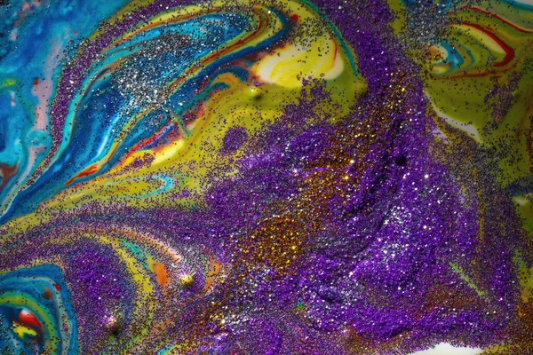 Multicolore Sfondo Acrilico Con Riccioli Cosparso Viola Oro Scintille Creatività — Foto Stock