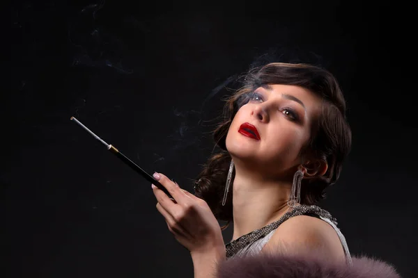 Retro Woman Portrait Beautiful Woman Style 20S 30S Cigarette Holder — Stock Photo, Image