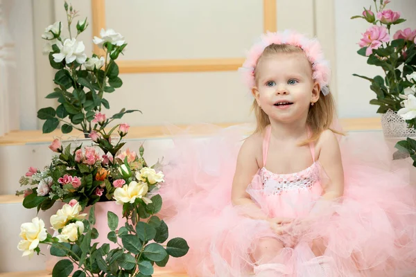 Ένα Δίχρονο Παιδί Ένα Όμορφο Κοριτσάκι Ένα Έξυπνο Ροζ Φόρεμα — Φωτογραφία Αρχείου