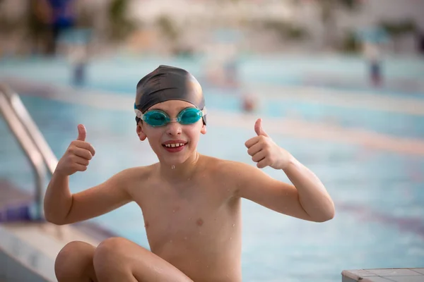 Boy Swimming Cap Swimming Goggles Pool Child Engaged Swimming Section Royalty Free Stock Images