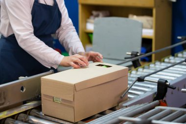Taşıyıcı. Paketleyicinin elleri malları kutuya koyar..