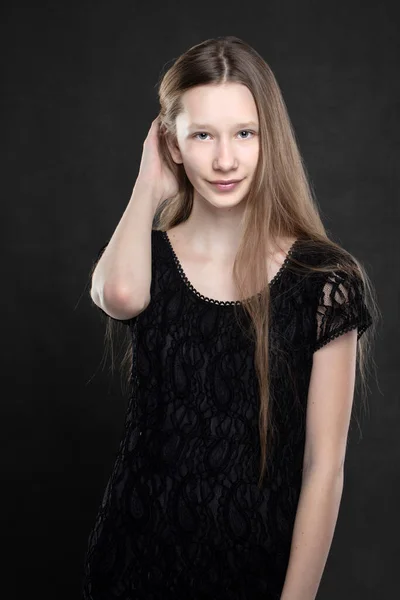 Portrait Beautiful Teenage Girl Shot Gray Background Slim Girl Blonde — Stock Photo, Image