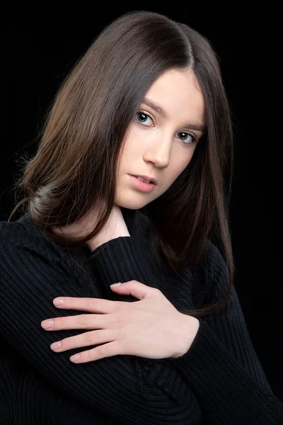 Vertical Portrait Beautiful Seventeen Year Old Girl Long Hair Dark — Stock Photo, Image