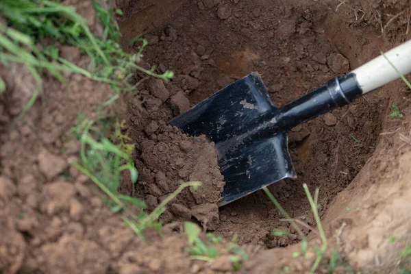 Een Ijzeren Schop Een Gat Grond Handgrondwerken — Stockfoto