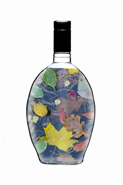 Glass Bottle Filled Autumn Leaves White Background — Stock Photo, Image