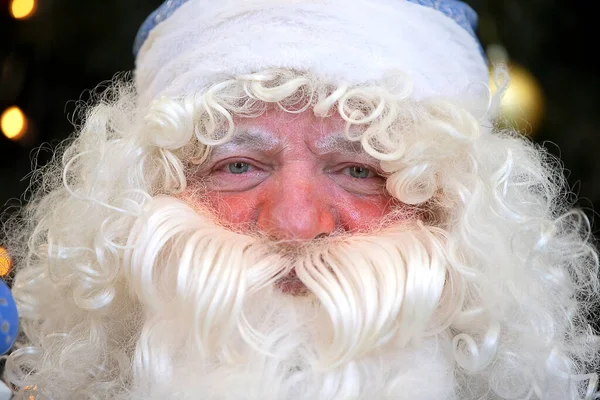 Rosto Papai Noel Russo Chapéu Com Barba — Fotografia de Stock