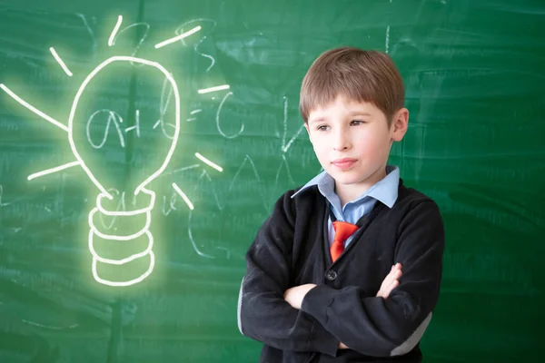 Thinking Idea Child Student Class Schoolboy Green Chalkboard Painted Light Stock Photo