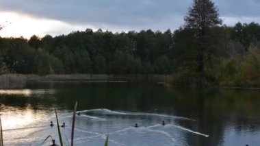 Güneş doğarken ve yoğun hareket eden bulutların altında turuncu gökyüzü ile ünlü mavi gölün göz kamaştırıcı manzarası. Sonbahar manzarasının zaman aşımı. Kazan, Rusya. Ördekler ve yaban domuzu arka planda yüzüyor..