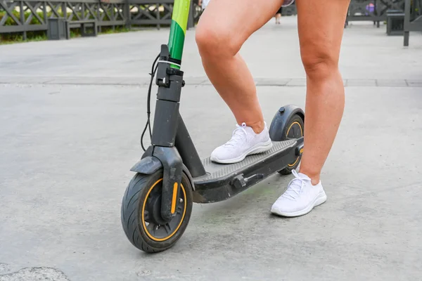 Woman Standing Scooter Kazan Embankment Eco Friendly Transport Active Lifestyle — Stock Photo, Image