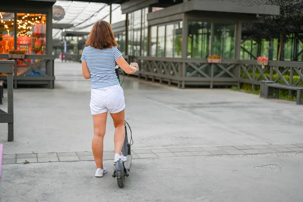 Woman Standing Scooter Kazan Embankment Eco Friendly Transport Active Lifestyle — Stock Photo, Image