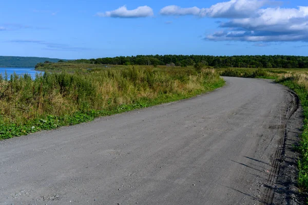 Dolambaçlı toprak bir yol, güzel bir gökyüzünün altında yemyeşil ve uzak ağaçlarla çevrili sakin bir göl boyunca yavaşça kıvrılır..