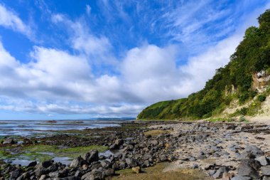 Rusya 'nın güzel bir sahnesinde canlı mavi gökyüzü ve kayalara çarpan nazik dalgalar görülüyor. Bereketli yeşil kayalıklar görkemli bir şekilde yükselir, keşifleri davet eder..