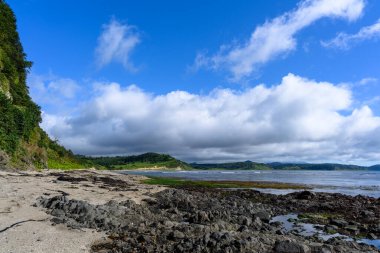 Sakin sular, sakin bir sahil manzarasında tüylü bulutları yansıtır. Kayalık kıyılar yemyeşil ile buluşuyor, açık bir günde Rusya 'nın uzak kıyı şeridinin huzurlu cazibesini sergiliyor..