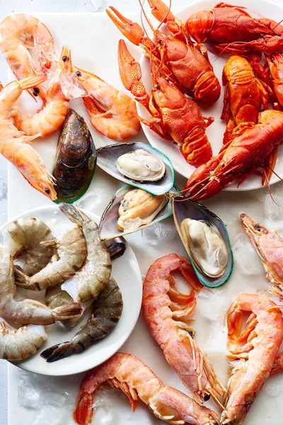 Assortiment Crevettes Avec Moules Kiwis Écrevisses Sur Fond Clair — Photo