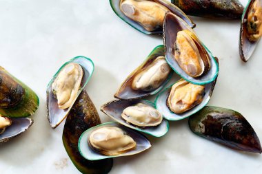 Mermer yüzeyinde çiğ kivi midyeleriyle üst görünüm