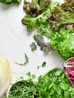 Mermer bir tezgahta farklı türde marul ve sebzeler düzenlenir. Bunlar arasında radicchio, romaine, rogula ve turplar vardır..