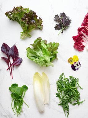 Beyaz mermer yüzeyde çeşitli marul yaprakları düzenlenir. Radicchio, romaine, rogula, hindiba, kırmızı yaprak, hindiba, mesclun karışımı ve yenilebilir çiçekler bir salata için sunulur..