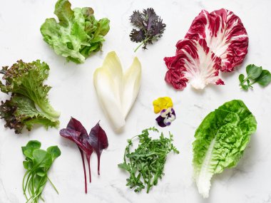 Beyaz mermer tezgahın üzerinde radicchio, romaine, rougula ve hindiba gibi farklı türde marul bulunur. Yenilebilir çiçekler sahneye renk katar.