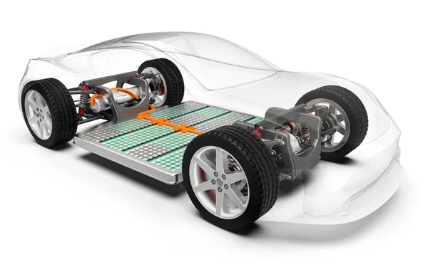 Voiture Électrique Moderne Avec Batterie Châssis Véhicule Rayons Rendu — Photo