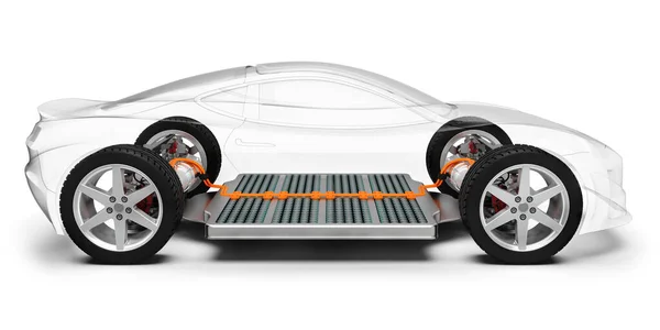 带有电池 X光车辆底盘 3D渲染的现代电动汽车 — 图库照片