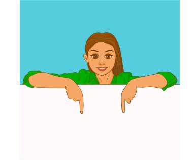 Kız boş pankartın arkasında ve aşağıya bakıyor.