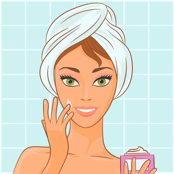 Mujer Linda Aplicación Crema Cara Tratamiento Belleza — Vector de stock