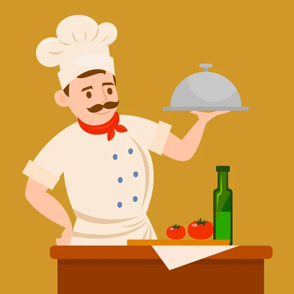 Manlig Kock Som Håller Bricka Köket — Stock vektor
