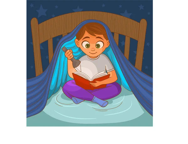 Küçük çocuk battaniyenin altında kitap okuyor.