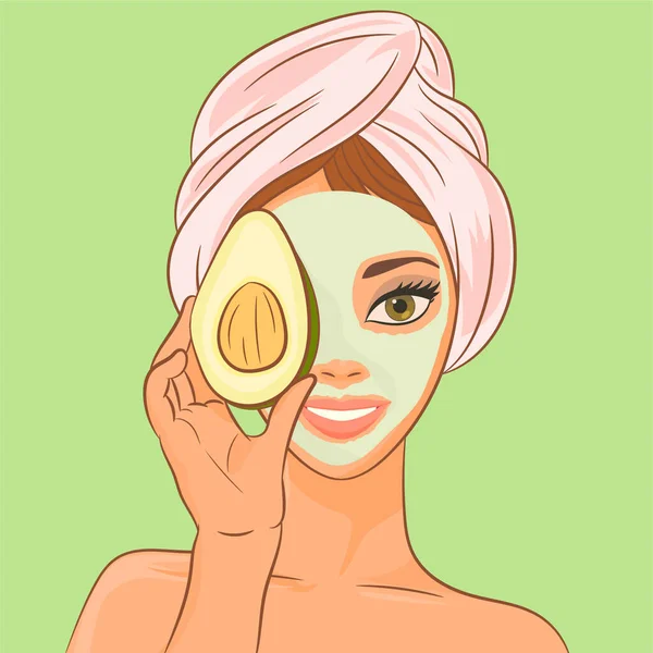 Girl Cosmetic Mask Avocado — Stock Vector