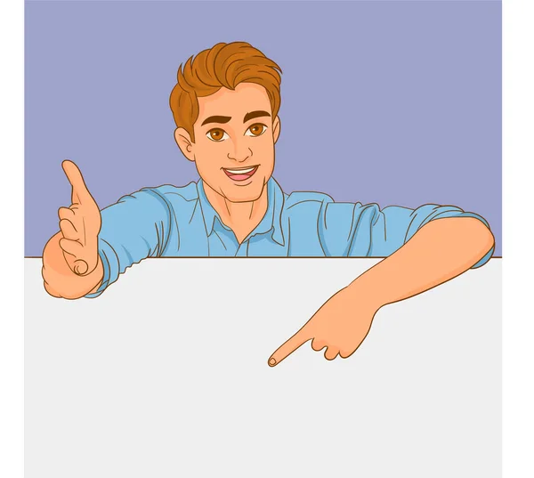 Adam boş beyaz tahtaya yaslanıyor ve onu işaret ediyor.