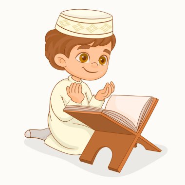 Müslüman çocuk dua ediyor. Kuran okunuyor