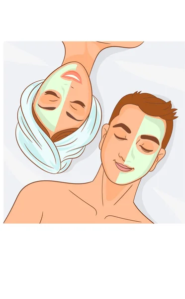 Man Woman Face Masks Relaxed Spa — Stock Vector