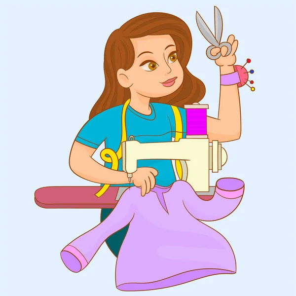 Genç kadın dikiş makinesiyle işyerindeki terzi.