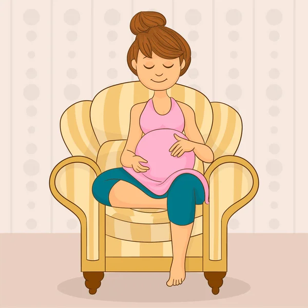 Smiling Pregnant Young Woman Sitting Couch — Stock Vector