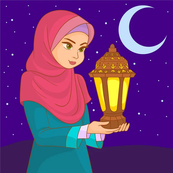 Muslim Gadis Dengan Kerudung Membawa Tangannya Lampu Pada Malam Ramadhan - Stok Vektor