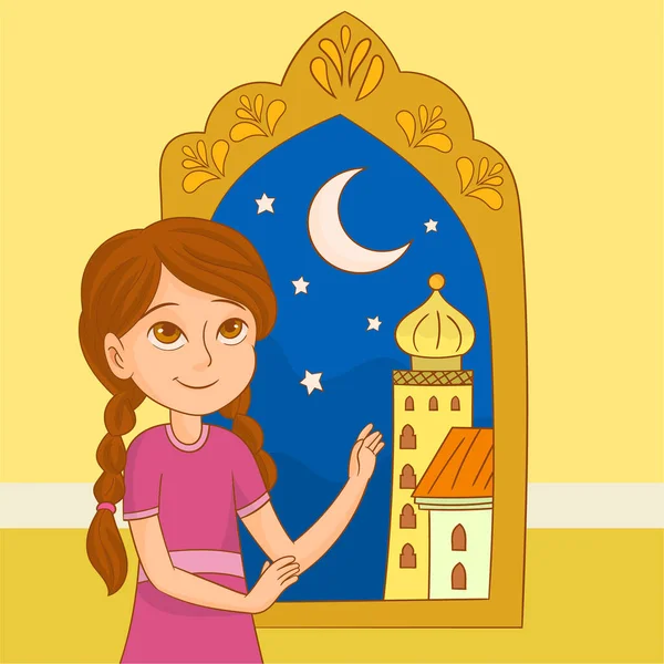 Ramazan 'da pencerenin yanında Müslüman bir kız dua ediyor.