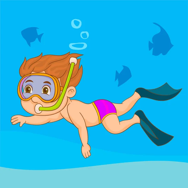 Niño Buceando Fondo Del Mar Con Algunos Peces — Vector de stock