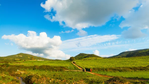 Colinas verdes sob um céu azul com nuvens suaves — Fotografia de Stock