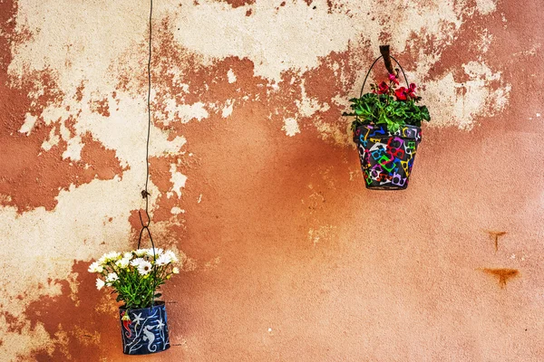 Blomkrukor hängande på en rustik vägg — Stockfoto
