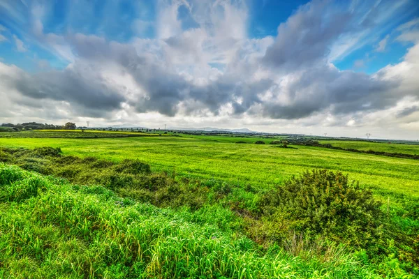 Cielo nuvoloso su un campo verde — Foto Stock