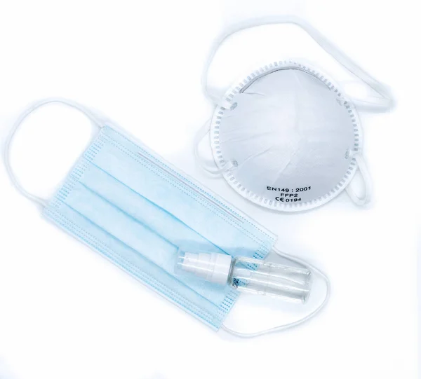 Desinfectante Manos Dos Tipos Diferentes Máscara Protección Contra Virus Blanco — Foto de Stock