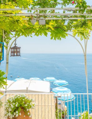 Dünyaca ünlü Positano 'da deniz kenarındaki ağaç. Amalfi Sahili, İtalya