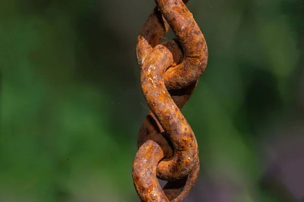 Primer Plano Una Cadena Oxidada Sobre Fondo Verde — Foto de Stock