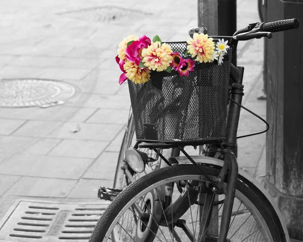 Selective desaturation of an old bicycle with flowers in the bas — Stock Photo, Image