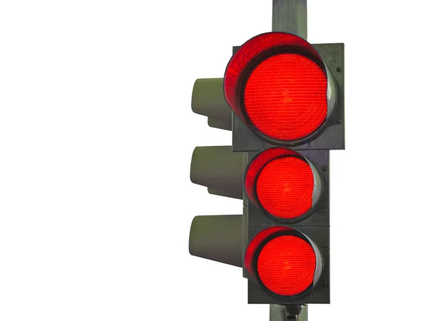 Semaforo con tre semafori rossi su bianco — Foto Stock