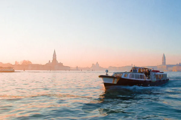 Steam boat in Venice at sunset — Stock Photo, Image