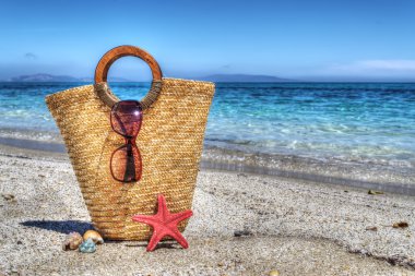 hasır çanta, deniz yıldızı ve shell tarafından sahile HDR