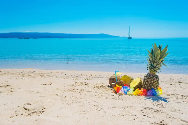 Ananas och kokosnötter vid stranden — Stockfoto