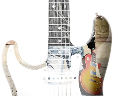bir gitar ve gitar siluet çift pozlama tutan adam